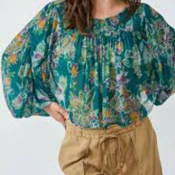 Tops - Free People Up For Anything Emerald Floral Top S